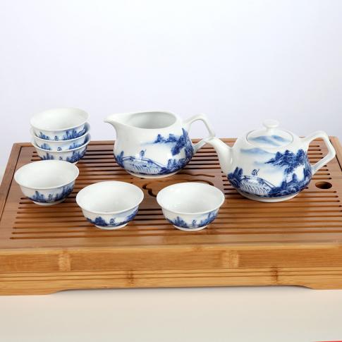 8头手绘青花山水茶具