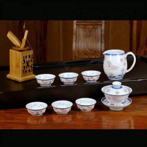 8头青花釉里红蝶舞功夫茶具