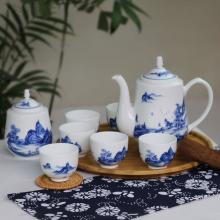 8头手绘青花绿茶具--山高水长