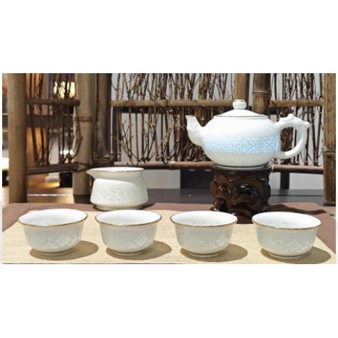 8头青釉玲珑描金生辉茶具